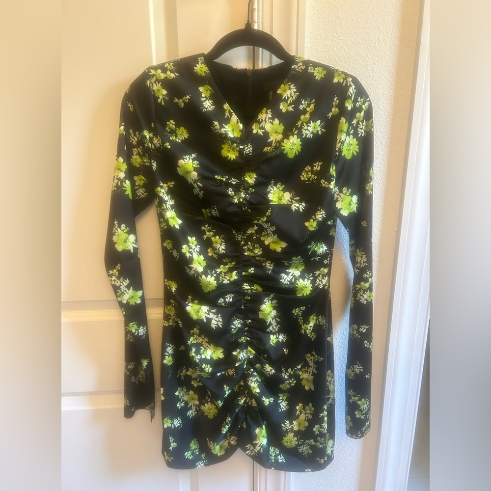 Black Floral Ruched Long-Sleeve Mini Dress - Green Floral